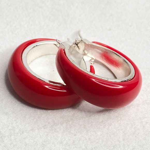 Huggie Hoop Earrings Red Enamel Silver Tone Base Latch Back - Picture 3 of 8